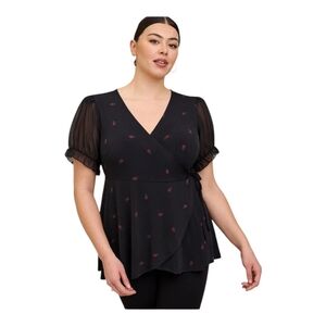Torrid 3 Studio Knit Chiffon Puff Sleeve Surplice Top 3X Black Red Dot